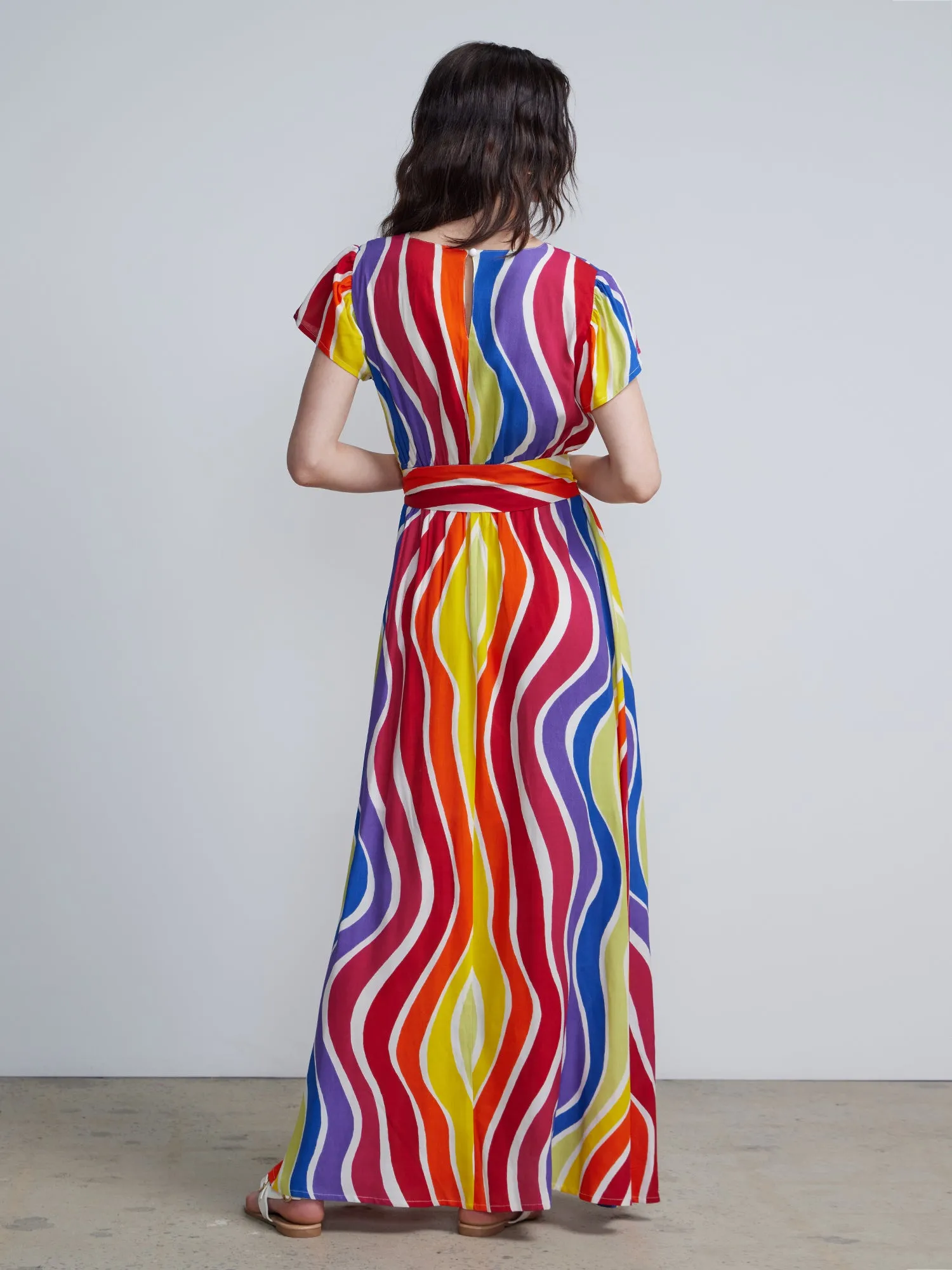 Wavy-Print Tie-Waist Maxi Dress