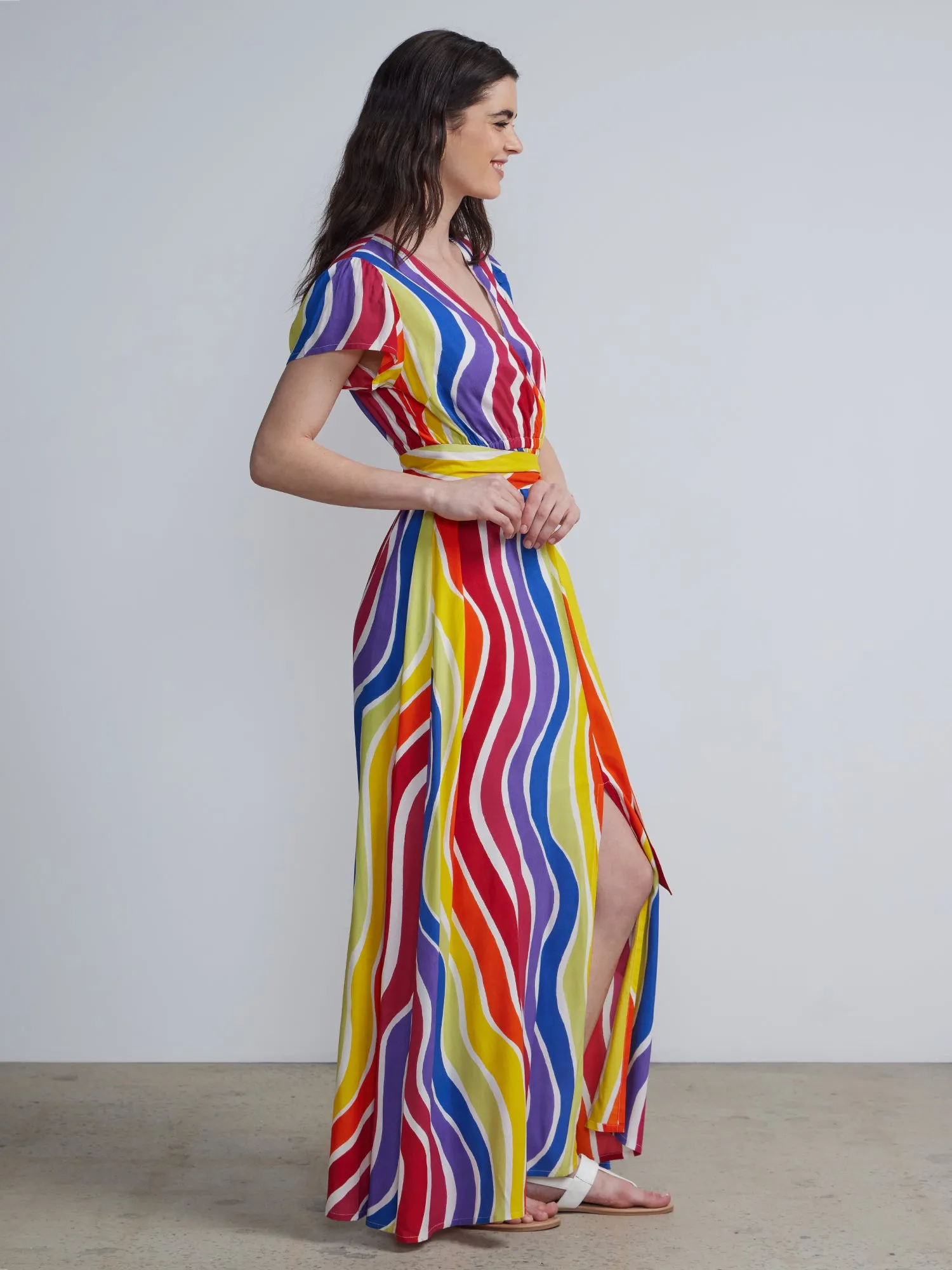 Wavy-Print Tie-Waist Maxi Dress