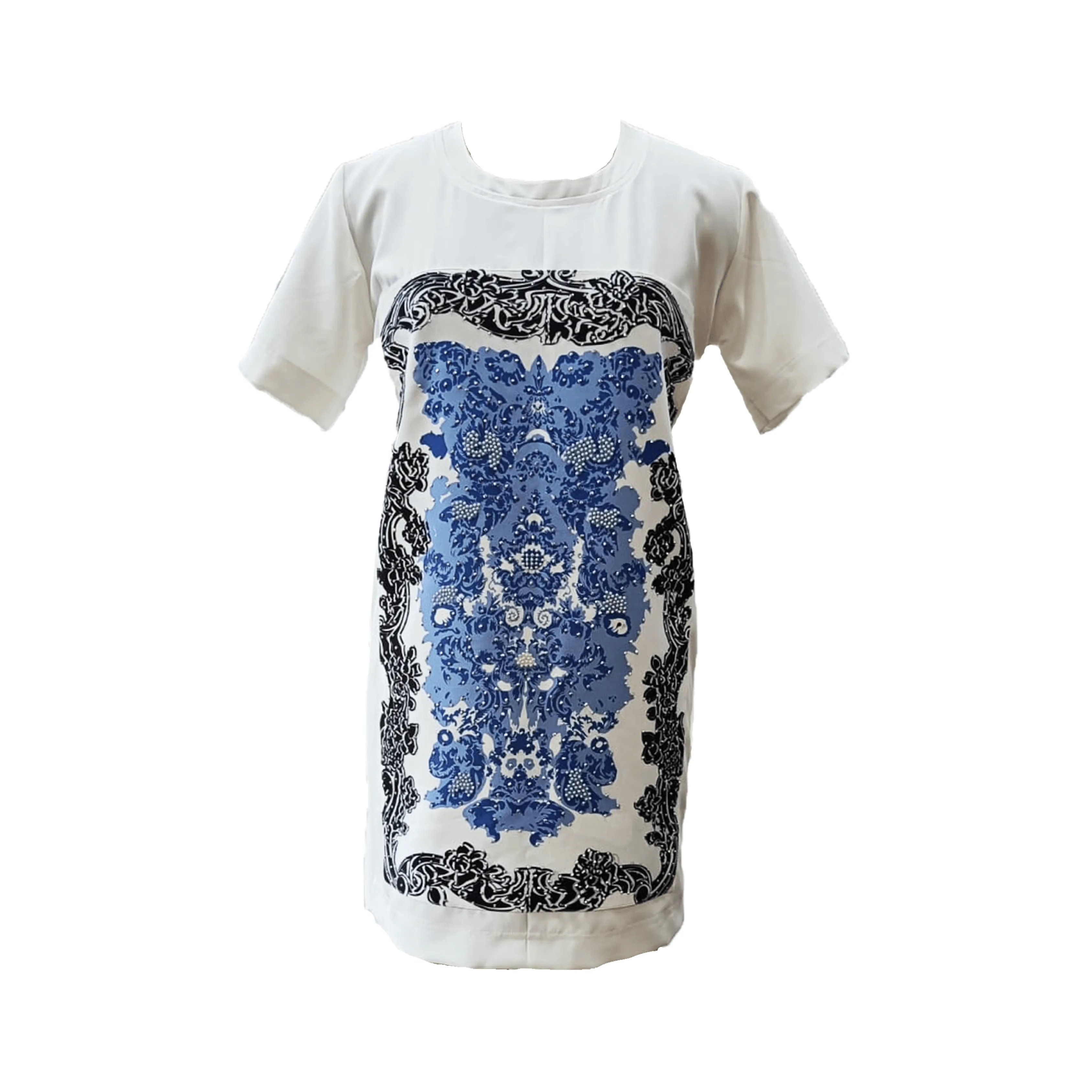 White & Blue Mykonos Printed T-Shirt Dress