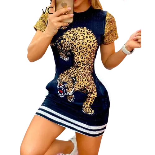 Women Elegant Casual Tiger Print Short Sleeve Mini  Dress