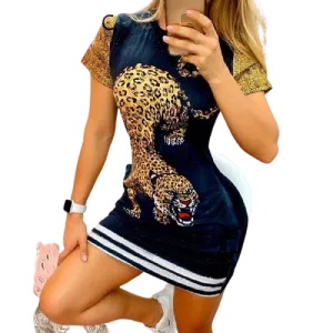 Women Elegant Casual Tiger Print Short Sleeve Mini  Dress