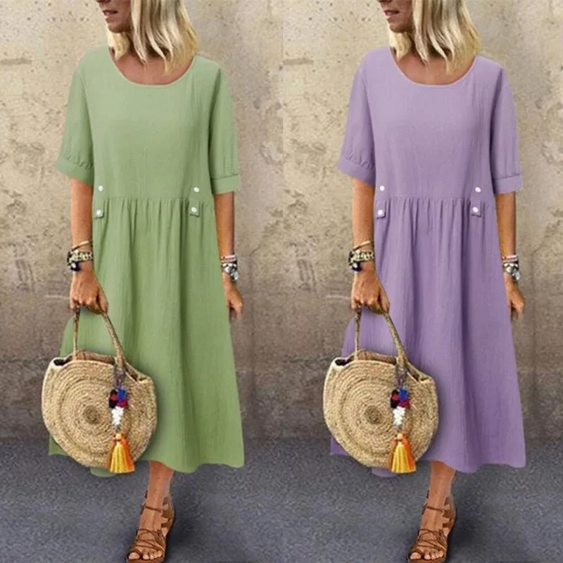 Women's Crew Neck Ruched Button Cotton Linen Dress