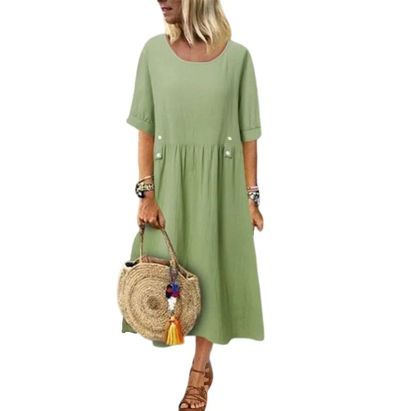 Women's Crew Neck Ruched Button Cotton Linen Dress