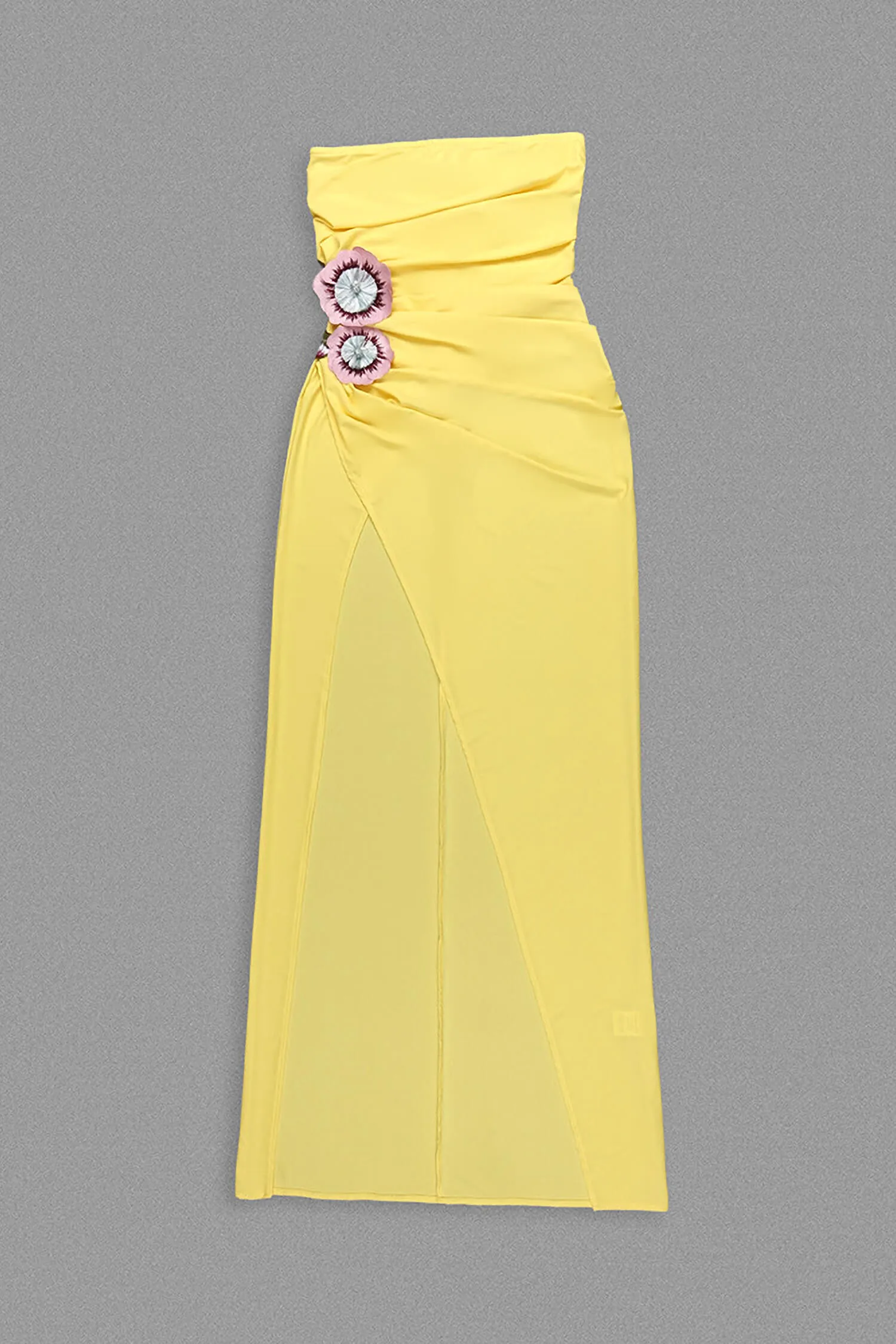 Yellow Ruched Strapless Maxi Dress with Slit