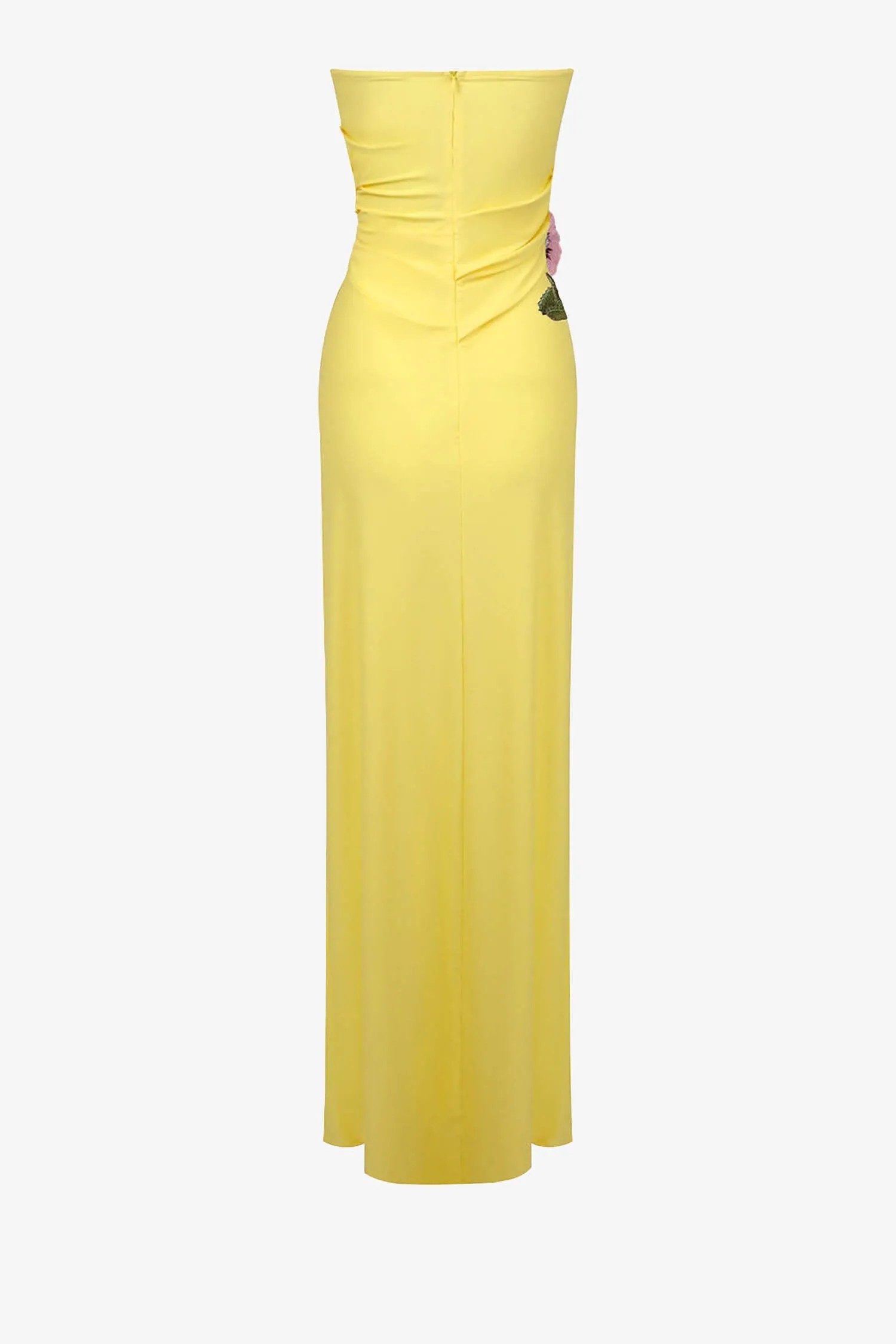 Yellow Ruched Strapless Maxi Dress with Slit