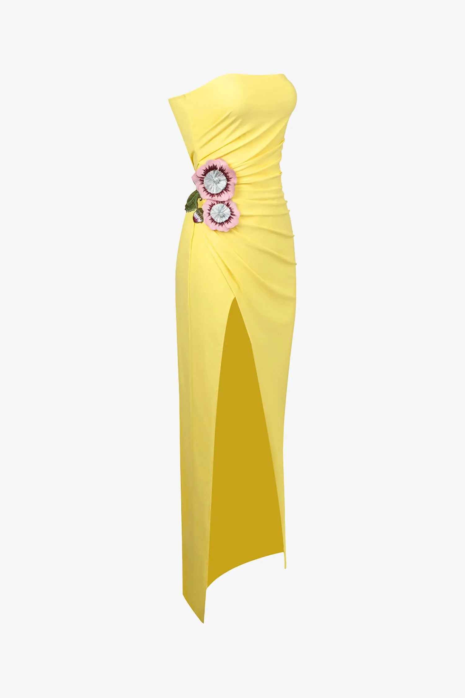 Yellow Ruched Strapless Maxi Dress with Slit