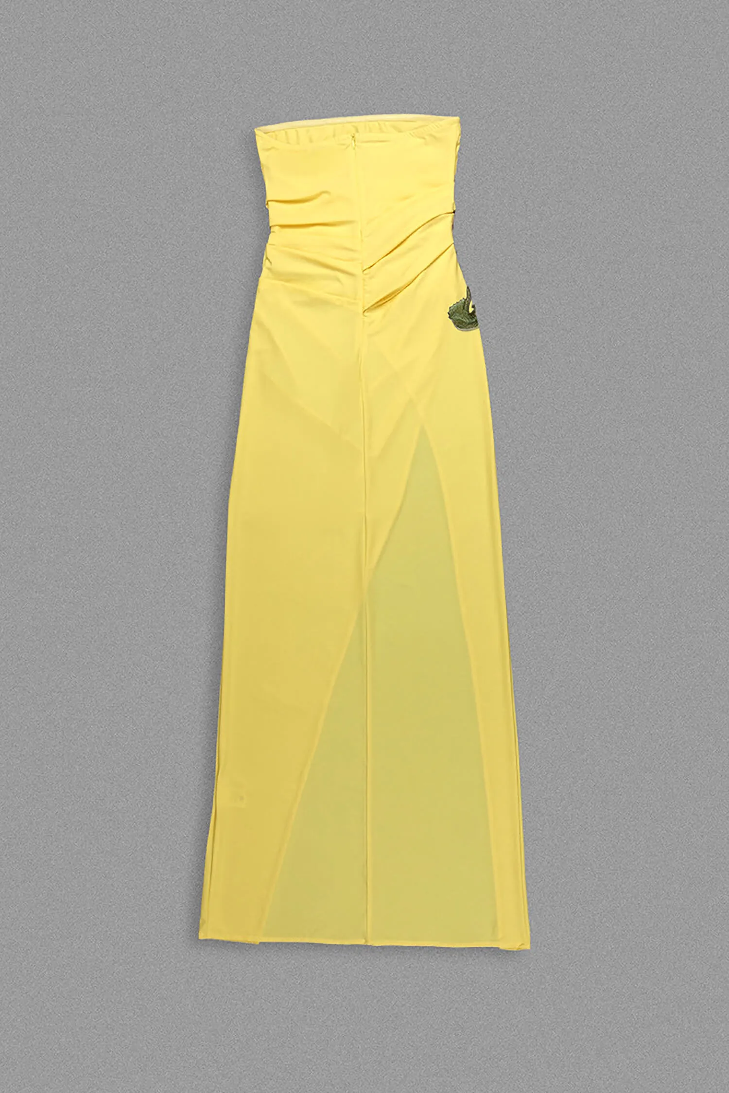 Yellow Ruched Strapless Maxi Dress with Slit